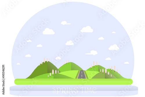 Spring landscape. Green hills, blue sky, white clouds, blooming pink trees, grey highway. Flat design, stock vector illustration
