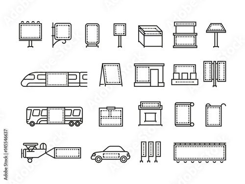 Outdoor advertising banners and transport advertise vector line icons