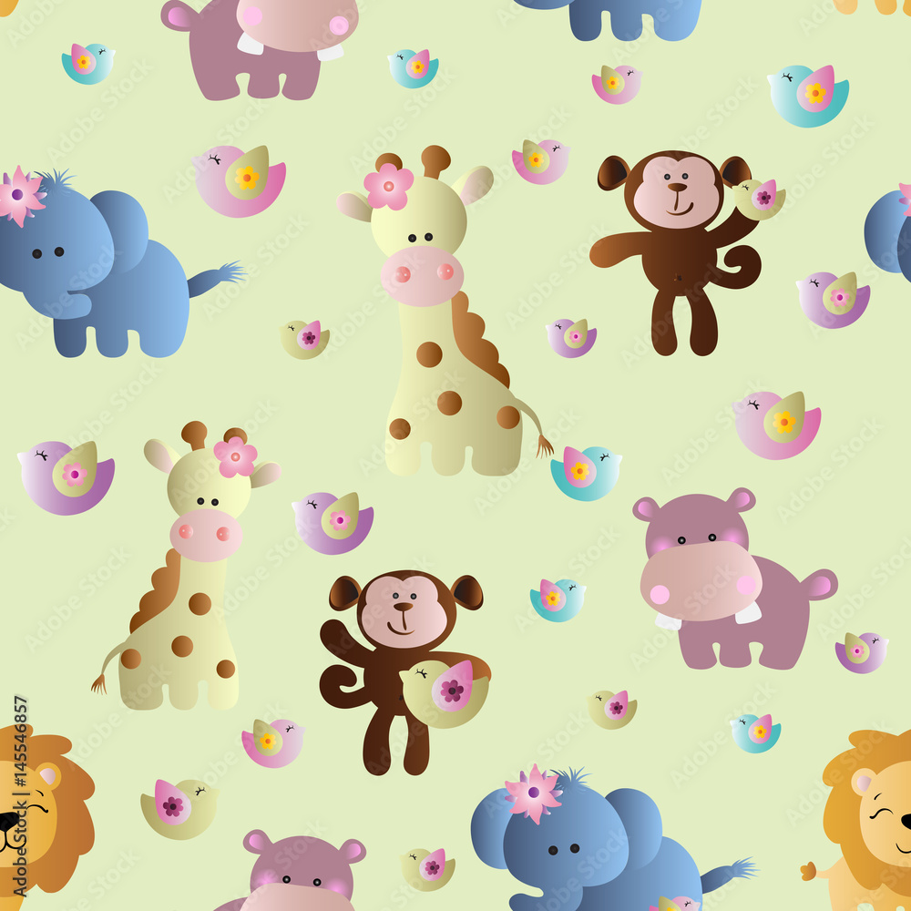 Drawing of a seamless pattern with cute african animals - hippopotamus, monkey, elephant, lion and giraffe in cartoon style Drawing of a seamless pattern with cute african animals - hippopotamus, monkey, elephant, lion and giraffe in cartoon style