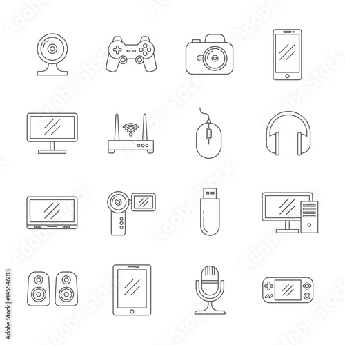 Gadgets and computer technology thin line vector icons