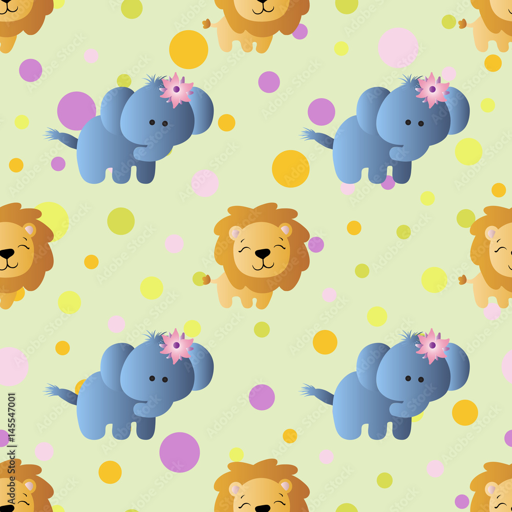Fototapeta premium seamless pattern with cartoon cute toy baby elephant, lion and Circles on a light green background