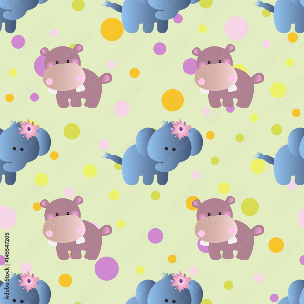 seamless pattern with cartoon cute toy baby behemoth, elephant and Circles on a light green background