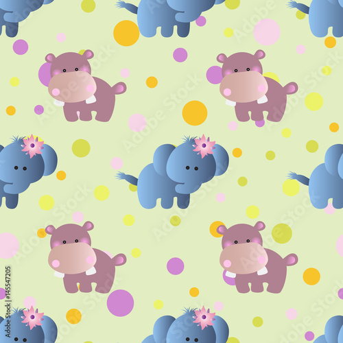 seamless pattern with cartoon cute toy baby behemoth  elephant and Circles on a light green background