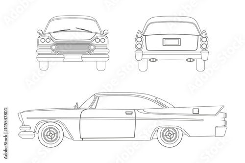 Outline drawing of retro car. Vintage cabriolet. Front, side and back view. 