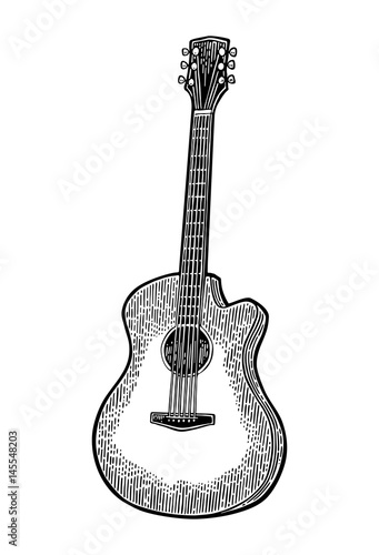 Acoustic guitar. Vintage vector black engraving illustration