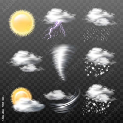 Set of vector realistic weather icons - sun, clouds, thunderstorm with lightning, tornado, wind, rain, snow, wet snow, isolated on transparent background