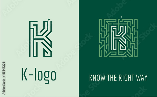 Creative logo for corporate identity of company: letter K. The logo symbolizes labyrinth, choice of right path, solutions. Suitable for consulting, financial, construction, road companies, quests.