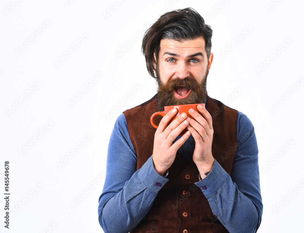 bearded man holding cup with coffee, tea with happy face bearded man holding cup with coffee, tea with happy face
