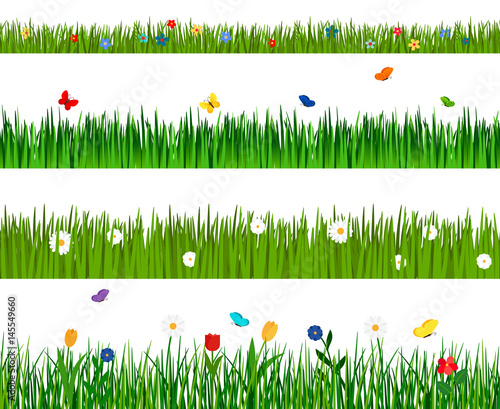 Grass and flowers horizontal seamless pattern