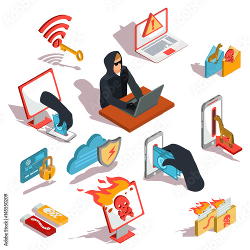 Set of vector isometric illustrations, hacker icons, computer security breach, information confidentiality, bank account hacking
