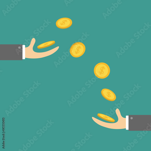 Giving taking Hands with falling down golden coin money dollar sign. Helping hand concept. Flat design style. Business support credit icon set. Green background.