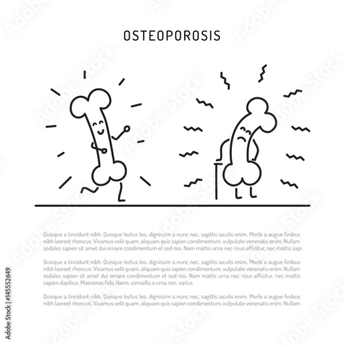 Two cartoon character healthy bone that runs and bone suffers from osteoporosis, walking with a cane. Vector objects in a linear style isolated on white background
