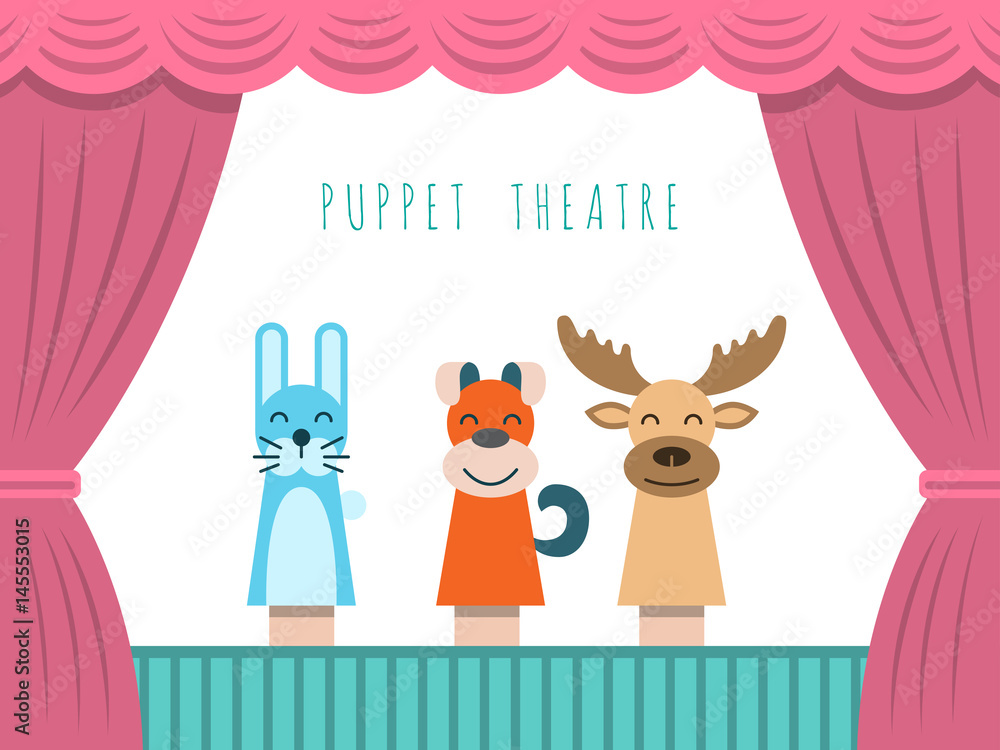 Childrens performance in the puppet theater at the theater with price, curtain and scenery. Childrens performance in the puppet theater at the theater with price, curtain and scenery.