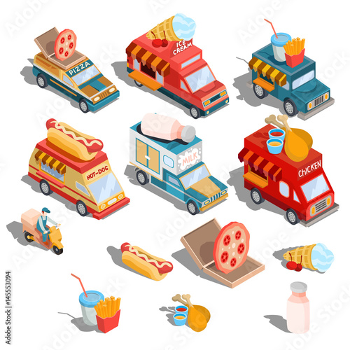 Set of vector isometric illustrations cars fast delivery of food and food trucks - pizza  ice cream  hot dogs  milk  roast chicken  french fries