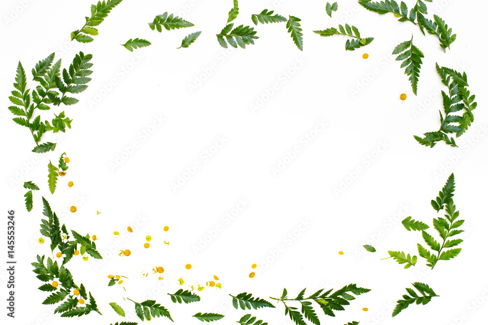 Floral frame with yellow roses and female accessories on white background. Space for text, flatlay, top view. Floral frame with yellow roses and female accessories on white background. Space for text, flatlay, top view.