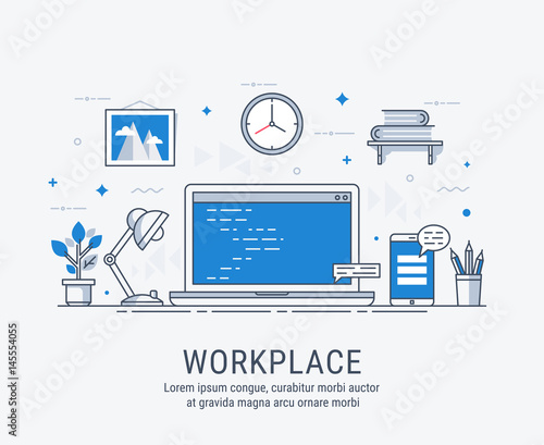 Workplace with computer. Flat modern vector illustration for web.