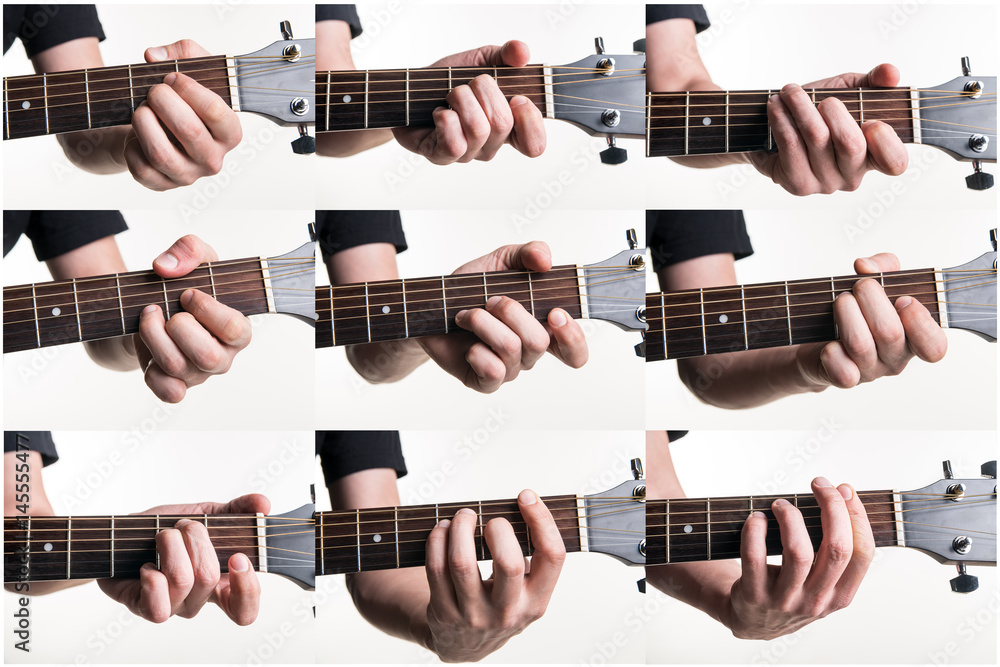The most popular chords are A, Am, C, D, Dm, E, Em, F, Fm on a guitar, on a white background. Horizontal frame - obrazy, fototapety, plakaty 