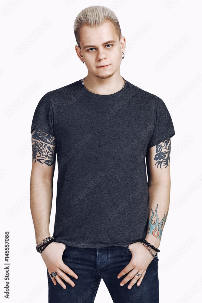 T-shirt front design, closeup of young man in blank dark shirt isolated on white background. Template for design. T-shirt front design, closeup of young man in blank dark shirt isolated on white background. Template for design.