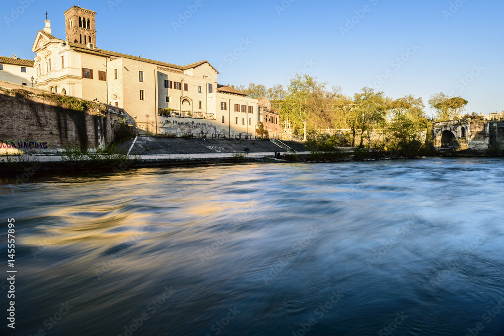 Obraz premium River, Tevere, Island, Tiberina, Bridge, Cestio, Basilica, San Bartolomeo, Rome, Lazio, Italy, Europe