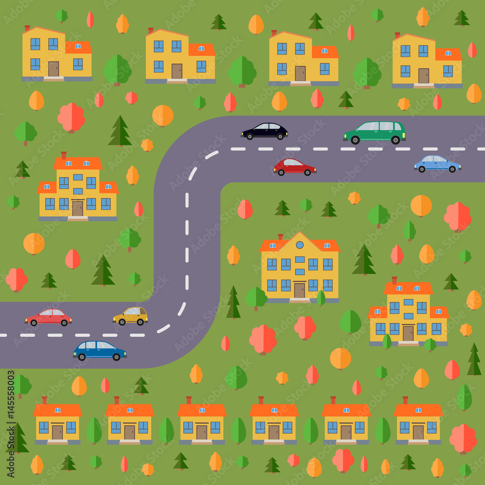 Plan of village. Landscape with the road, forest, cars and houses.  Vector illustration
