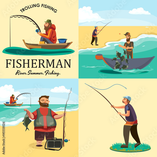 Set of cartoon fisherman catches fish sitting boat fisher threw fishing rod into water, happy fishman holds catch and spin, man pulls net out of the water, fishing on ice icon vector illustration