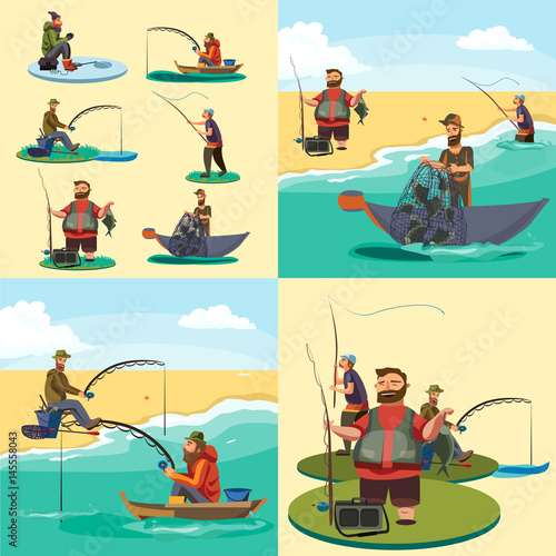 Set of cartoon fisherman catches fish sitting boat fisher threw fishing rod into water, happy fishman holds catch and spin, man pulls net out of the water, fishing on ice icon vector illustration