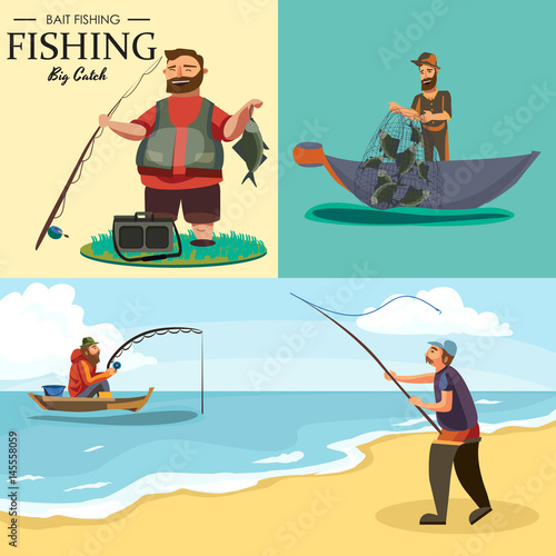 Fisherman in rubber boots throws a fishing rod with a line and crocheted into the water for fly-fishing, character man catches fish standing off shore with spin vacation concept vector illustration