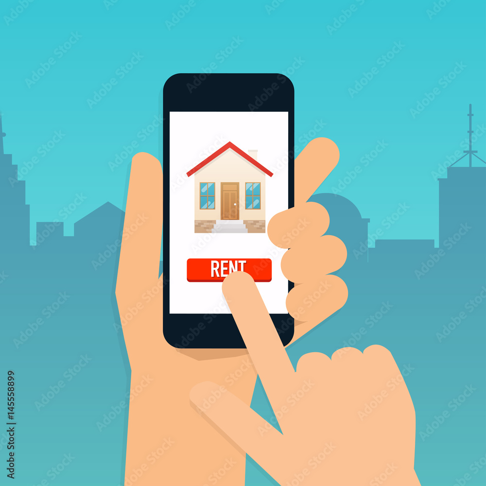 Hand holding mobile smart phone with rent apartments app. Offer of purchase house, rental of Real Estate. Flat design modern vector illustration concept. Hand holding mobile smart phone with rent apartments app. Offer of purchase house, rental of Real Estate. Flat design modern vector illustration concept.