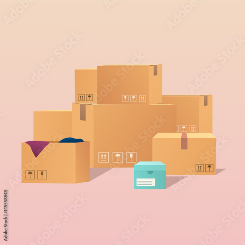 Pile of stacked sealed goods cardboard boxes. Flat design modern vector illustration concept.