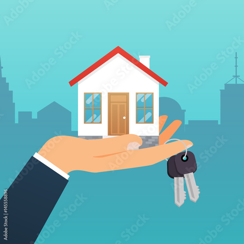 Real estate agent holds the key from the home. Offer of purchase house, rental of Real Estate. Flat design modern vector illustration concept.