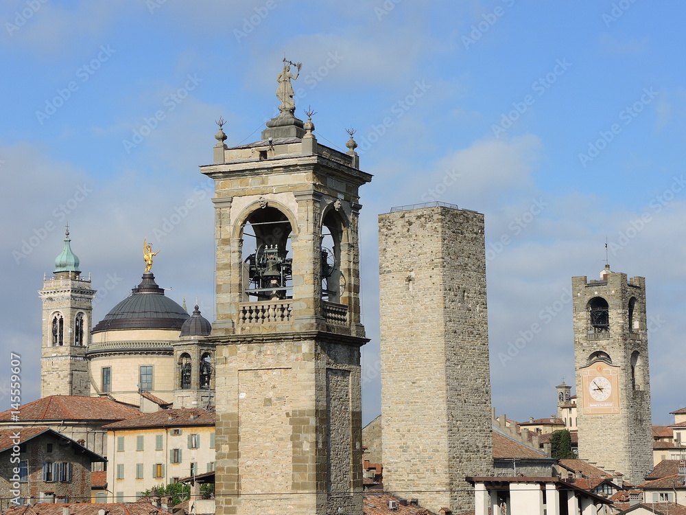 Bergamo - Old city (Città Alta), Italy. Landscape on the city center, the group of old towers from the old fortress