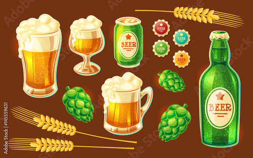 Set of vector isolated cartoon illustrations of various containers for bottling and storing beer - beer glasses of various shapes, glass bottle, aluminum can - and cones of hops, barley spikelets