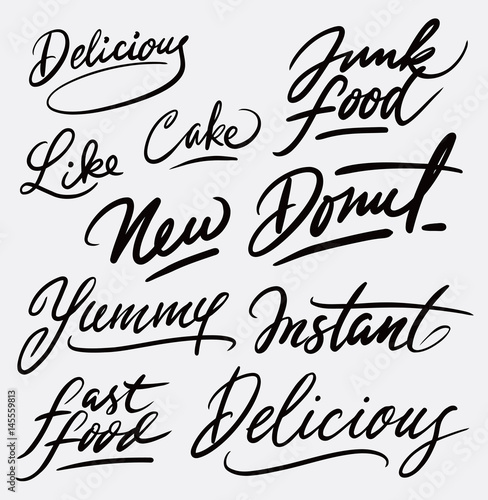 Delicious fast food hand written typography. Good use for logotype, symbol, cover label, product, brand, poster title or any graphic design you want. Easy to use or change color
