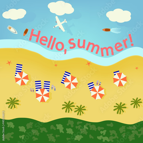 summer beach with sand and blue water on top