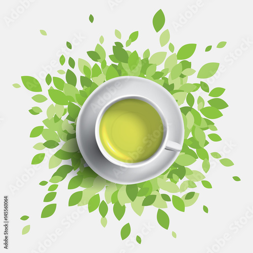 Green tea cup vector illustration. Green leaves with mug of tea. Health concept.
