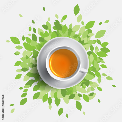 Black tea cup vector illustration, concept with green leafes. Health ideas.