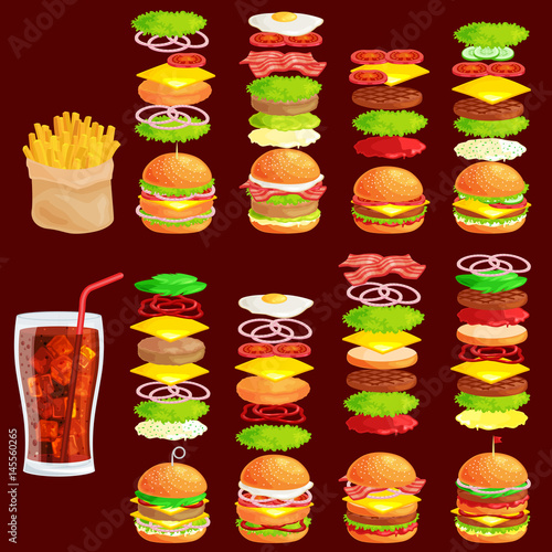 Set of tasty burgers grilled beef and fresh vegetables dressed with sauce bun for snack, american hamburger fast food meal French fries with cold soda brown ice drink vecor illustration background