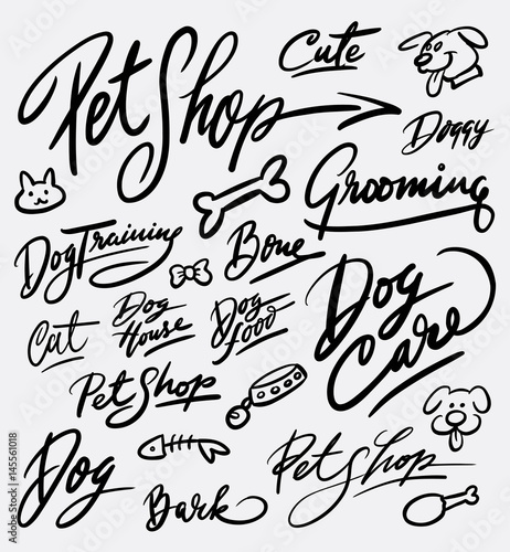 Pet shop and dog care hand written typography. Good use for logotype, symbol, cover label, product, brand, poster title or any graphic design you want. Easy to use or change color 