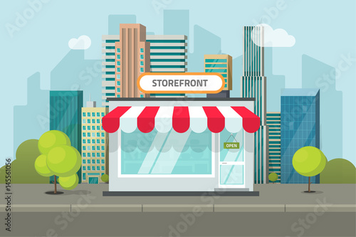 Shop or store building on city street vector illustration, cafe or restaurant storefront on town street landscape, flat cartoon style shop facade front view