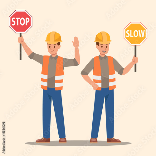 Man holding stop sign and slow sign. Vector design.