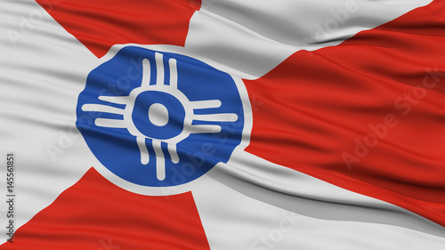 Closeup of Wichita City Flag, Waving in the Wind, Kansas State, United States of America