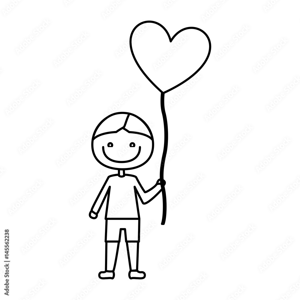 monochrome contour of caricature of smiling kid with t-shirt and short pants with balloon in shape of heart vector illustration monochrome contour of caricature of smiling kid with t-shirt and short pants with balloon in shape of heart vector illustration