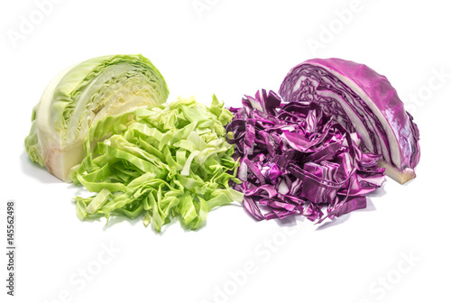Sliced Green and Purple cabbage on white background.