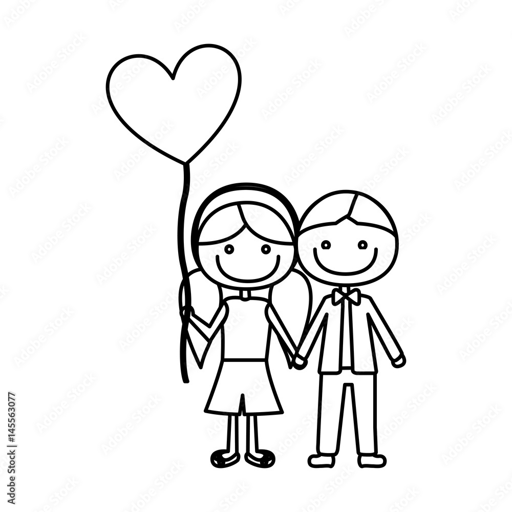 monochrome contour of caricature of boy short hair and girl with pigtails  hair with balloon in shape of heart vector illustration Stock Vector |  Adobe Stock