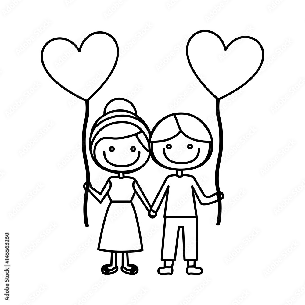 monochrome contour of caricature of boy and girl with balloon in shape of heart vector illustration monochrome contour of caricature of boy and girl with balloon in shape of heart vector illustration