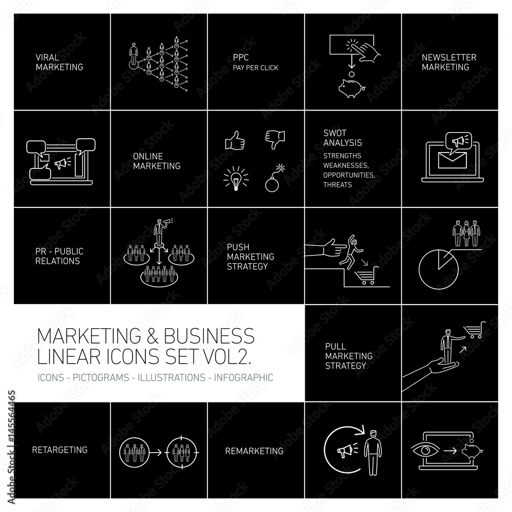 vector marketing and business icons set volume two | flat design linear illustration and infographic white isolated on black background