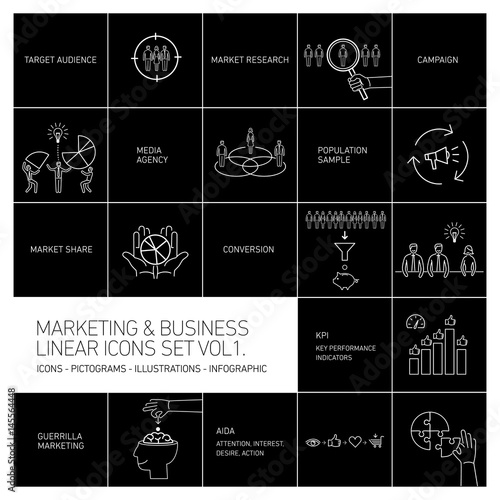 vector marketing and business icons set volume one | flat design linear illustration and infographic white isolated on black background
