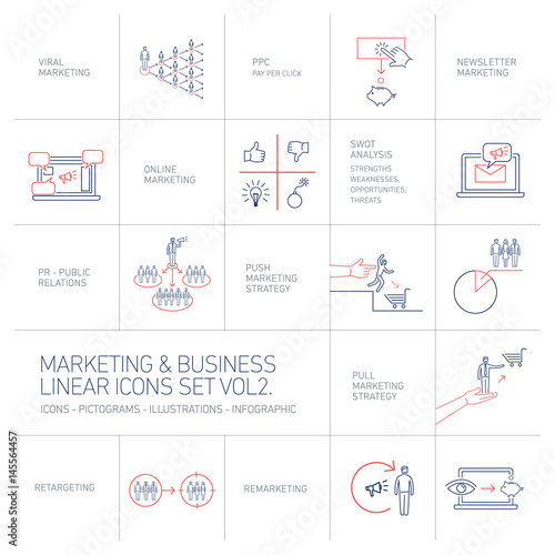 vector marketing and business icons set volume two | flat design linear illustration and infographic blue and red isolated on white background