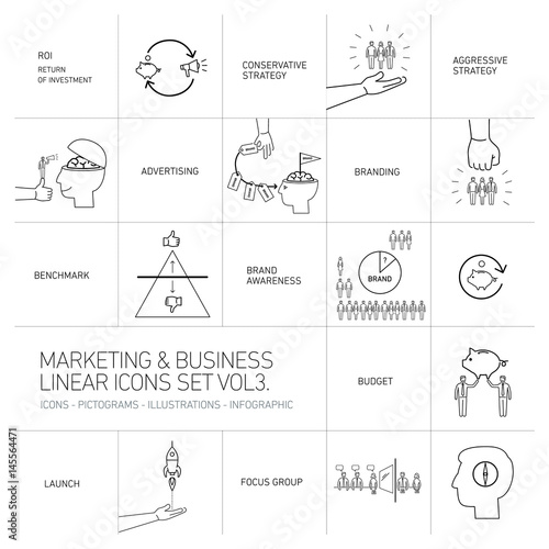 vector marketing and business icons set volme three | flat design linear illustration and infographic black isolated on white background photo
