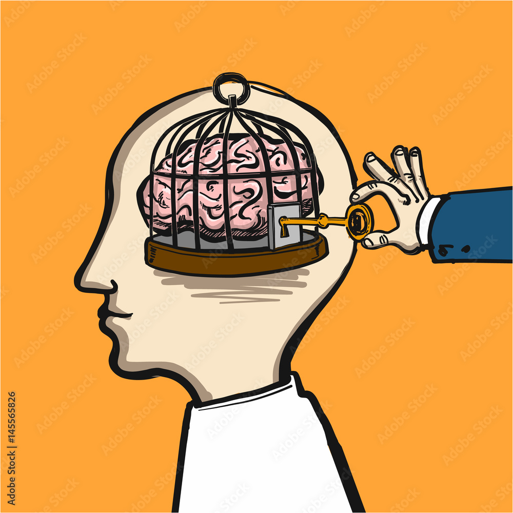 opening mind - conceptual vector illustration of cage in head with brain  inside and hand opening it with key Stock Vector